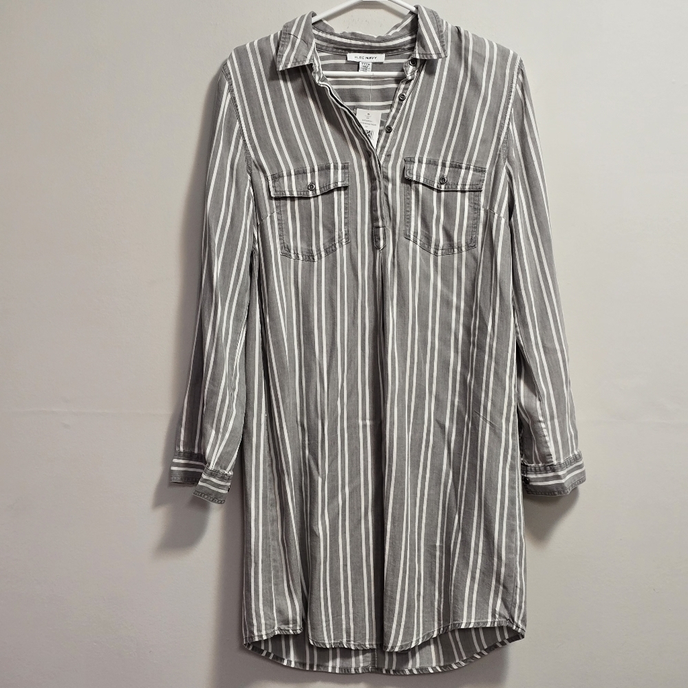 Pure Navy Striped Gray Shirt Dress Size S